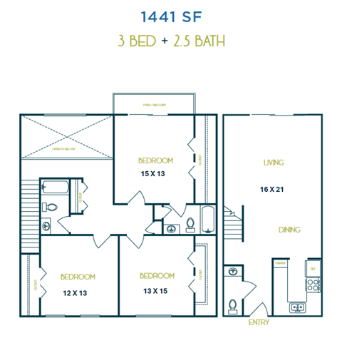 Floor plan for 3 beds, 2.5 baths, 1441 sqft
